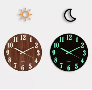 12 Luminous Wooden Wall Clock Large Numbers Silent Night Light Home Decor - Picture 1 of 4