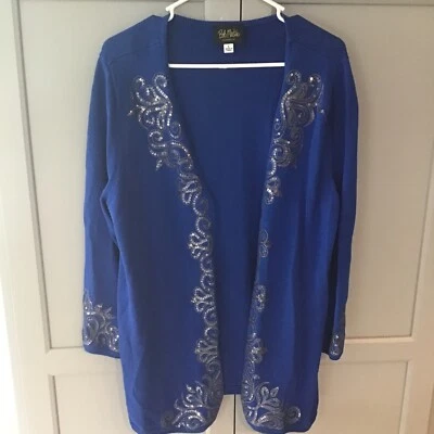 Bob Mackie' Cotton Blend 3/4 Sleeve Open Front Cardigan Sequin  Size L Blue - Image 1 of 4