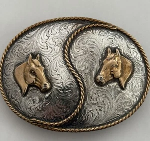SSS Western Style Silver Overlay W Brass Vintage Belt Buckle Double Horse EVC - Picture 1 of 8