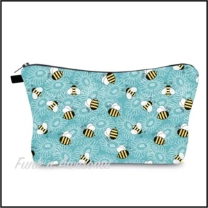 Makeup Bag. BEES. Cosmetic/Travel Pouch/Pencil Case. BLUE. Cute Bee, Flowers - Picture 1 of 4