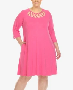 White Mark Plus Size Criss Cross Neckline 3/4 Sleeve Swing Dress - Fuchsia - 3XL - Picture 1 of 4
