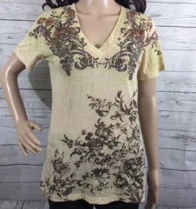 Mineral T-Shirt Medium Yellow Bohemian Floral Print Lightweight Summer V-Neck - Picture 1 of 12
