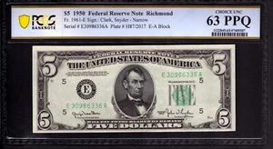 1950 $5 FEDERAL RESERVE NOTE RICHMOND FR.1961-En NARROW PCGS B CU 63 PPQ - Picture 1 of 2