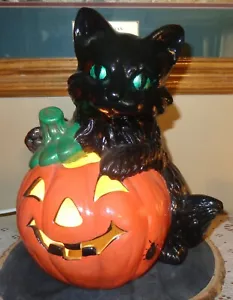 Rarität Vintage Keramik Halloween schwarze Katze Kürbis Jack-o-Laterne beleuchtete Figur - Bild 1 von 9