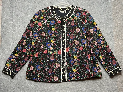 LOGO Lori Goldstein Jacket Womens XL Black Colorful Floral Classic Cottage Snaps - Image 1 of 4