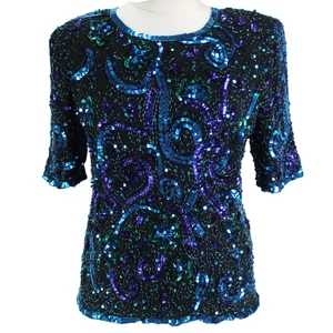 Top Laurence Kazar con cuentas para mujer talla 3X negro azul manga corta lentejuelas de seda - Imagen 1 de 11