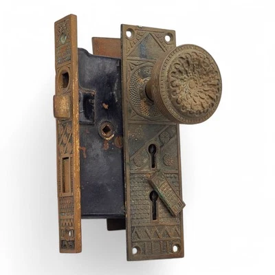 Antique ORNATE Deco Bronze Door Latch Assembly Set Knobs Plates Escutcheons Lock - Image 1 of 4