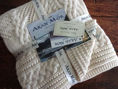 ARAN MOR Irlanda 100% LANA MERINO TEJIDO DE LUJO CREMA NATURAL MANTA 40x60" Foto 1 de 4