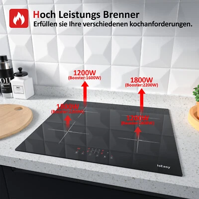 ISEASY Induktionskochfeld Einbau 60cm Kochplatte 4 Kochzonen Glaskeramik schwarz 6000 W