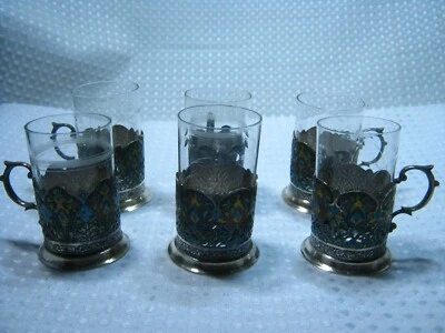 6 антикварных персидских исламских ближневосточных эмалированных подстаканников из чистого серебра с маркировкой 357 г - Изображение 1 из 4