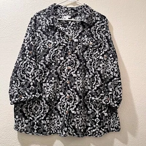Croft & Barrow Women Black White Button Down 3/4 Roll Tab Sleeve Blouse Sz 2XL - Picture 1 of 6