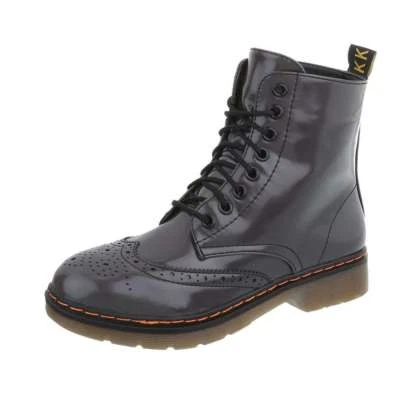 MARKENLOS Damen Hochglanz Stiefeletten Derbe Lack Worker Biker Boots Stiefel schwarz grau