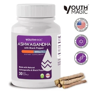 Organic Ashwagandha Capsules 605MG with Black Pepper Root Powder 30 Capsules - Picture 1 of 3