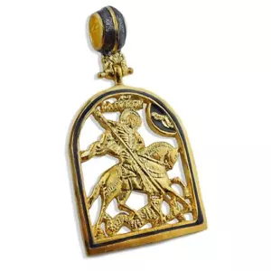 Silver 925 Gold Plate - St George Icon Pendant Medal 1 3/4"x1" - Picture 1 of 1