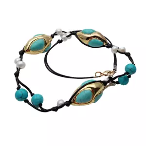 Y·YING Freshwater White Pearl Blue Turquoise String Necklace Bohemian Jewelry - Picture 1 of 5