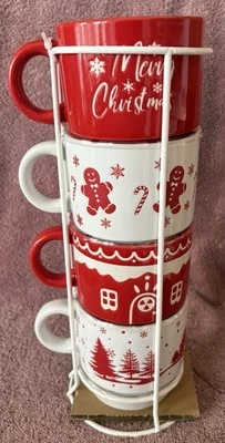Canecas de grés Signature Houseware Holiday 4 canecas com torre de arame caneca Feliz Natal - Imagem 1 de 4