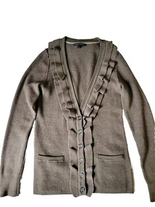 Banana Republic Damen Strickjacke Merinowolle Rüschen Größe Large braun mit Taschen - Bild 1 von 12