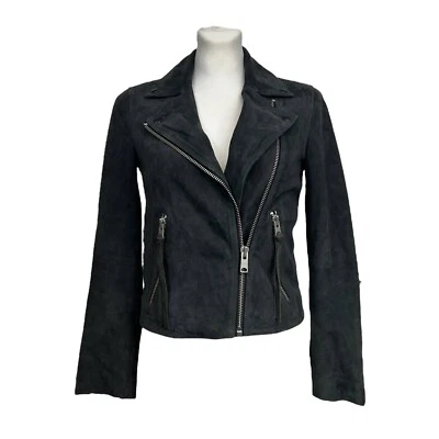 Allsaints Suede Dalby Biker Jacket Black Zip Asymmetric Women's Size US 2 EU 34 - Image 1 of 4