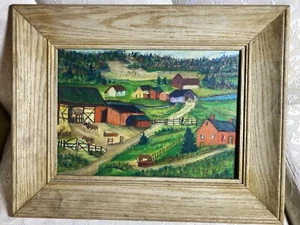 Vintage Folk Art "American Primitive Scene" Oil Painting - Signed And Framed - Picture 1 of 15