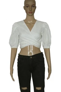 Rhode Puff Short Sleeve Pleated White Tie Knot Wrap Blouse Cropped Top New S - Picture 1 of 5