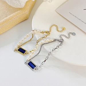 Damen Armband mit Süßwasserperlen Blau Zirkonia Edelstahl Barock Perlen Armkette - Bild 1 von 10