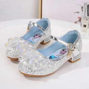 Girls Low Heeled Elsa Princess Party Wedding Christmas Birthday Crystal Sandal - Picture 1 of 42