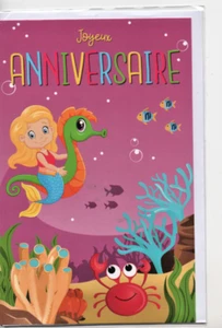 Carte voeux.Joyeux Anniversaire.sirène crabe Hippocampe .17 x 11,5 cm - Picture 1 of 2