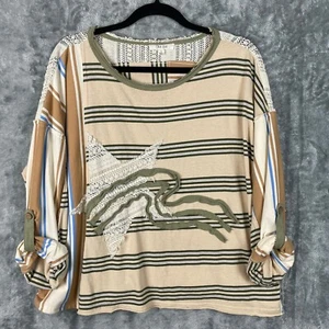 OLI & HALI Top Large Star PATCHED MIXED MEDIA OVERSIZED COTTON LONG SLEEVE Shirt - Picture 1 of 10