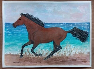 Painting Akhal Teke Horse Galloping On Ocean Beach Original Signed Art Equine - Picture 1 of 3