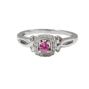 Pink Sapphire & White Topaz Halo Engagement Sterling Silver ring white gold over - Picture 1 of 4