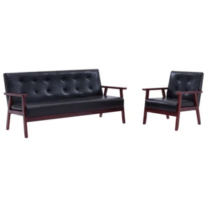 NNEVL Sofa Set 2 Piece Black Faux Leather - Picture 1 of 9