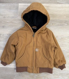 Carhartt Jacket 2T Toddler Hooded Canvas Full Zip Coat Quilted Brown Pockets - Picture 1 of 10