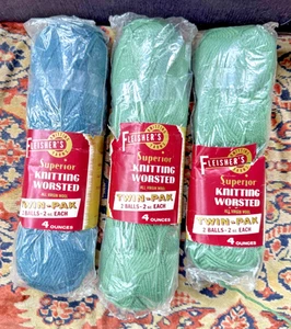 3 Twin Packs 6 Balls Vtg Fleishers Superior All Virgin Wool Yarn Blue and Green - Bild 1 von 8