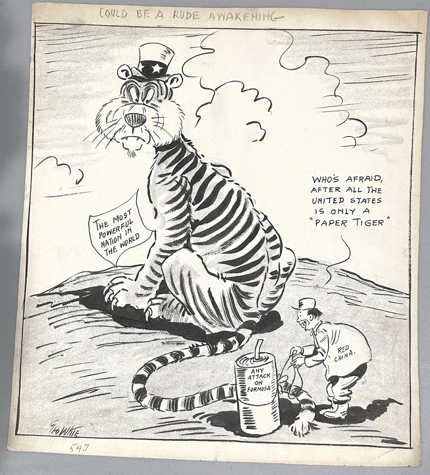 OBRA DE ARTE ORIGINAL GEORGE WHITE EDITORIAL DIBUJOS ANIMADOS GUERRA FRÍA CHINA Y TIGRE DE PAPEL DE EE. UU. Foto 1 de 1
