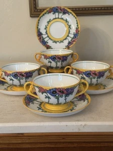 RARE Adderleys Best Bone China ANEMONE Set Of 4 Handled Cups & Saucers England - Picture 1 of 24