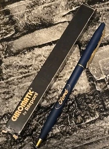 Vintage Chromatic Ford Motor Co. Matte Blue Gold Trim Ballpoint Pen Blue Ink - Picture 1 of 9
