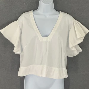 Maeve Anthropologie White Ruffle Sleeve Top Sz M Cutout Back V Neck Crop Blouse - Picture 1 of 11