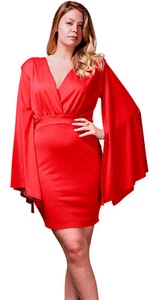 Plus Size Red Dress Long Wide Sleeved V-neck Bodycon Above Knee Length - 2X - Picture 1 of 3