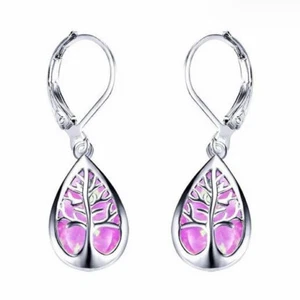 Dazzling Life Tree Teardrop Purple Fire Opal Silver Dangle Earrings Holiday Gift - Picture 1 of 8