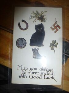 Black Cat Horseshoe Heather Sixpence Lucky Swastika Greetings U/P c1910s