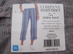 Ellen Tracy Beige Pinstripe Linen Elastic Drawstring Cuff Pants.Pkts. sz XL. NWT - Picture 1 of 7