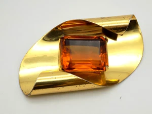 Vintage Coro Sterling Silver Gold Vermeil Large Orange Faceted Glass Brooch Pin - Picture 1 of 6
