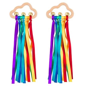 Baby Sensory Wooden Rattle Toys - 2PCS Rainbow Ribbon Molar Teether for Infants - Picture 1 of 8