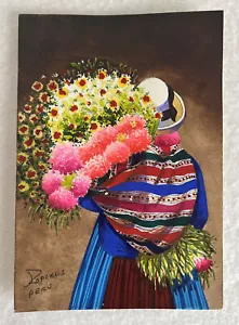 Aquarell original peruanischer Künstler Rafael Grovas einheimische Frau Blumen signiert - Bild 1 von 3