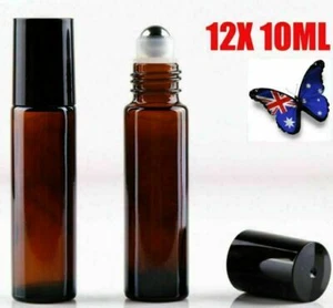 12 10ml Roller Bottles Amber THICK Glass Steel Roll on Ball for Essential Oils - Picture 1 of 4