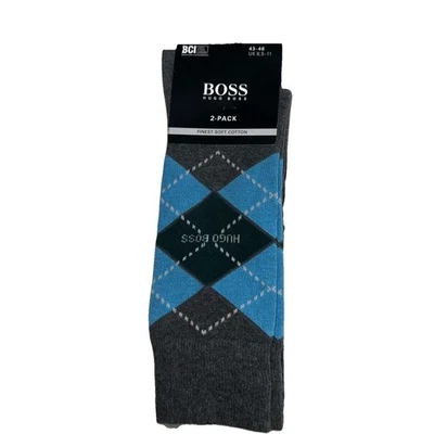 HUGO BOSS Crew Dress Socks Mens 7-13 Navy Argyle Solid 2-Pack Logo Cotton Blend - Image 1 of 3