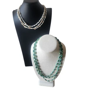 Lot of 2 Multi-Strand Beaded Necklaces White Cream Green Choker - Picture 1 of 6