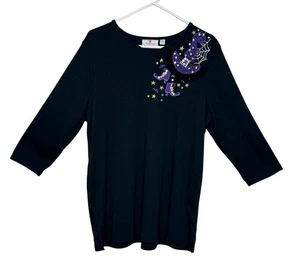 Camisa Top Quacker Factory Halloween Bruja Malvada Talla Lg Negra Púrpura Brillante DEFECTUOSA - Imagen 1 de 9