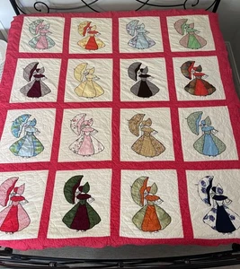 VTG  Southern Belle Hand Stitched Quilt Appliqué Parasol Lady Red Border 76x84” - Picture 1 of 20