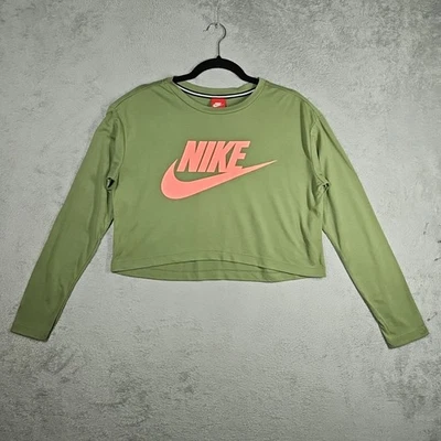 Nike Verde Oliva con Rosa Caliente Grande Nike & Swoosh Logo Pecho Top Corto Largo Slv Talla M Foto 1 de 4